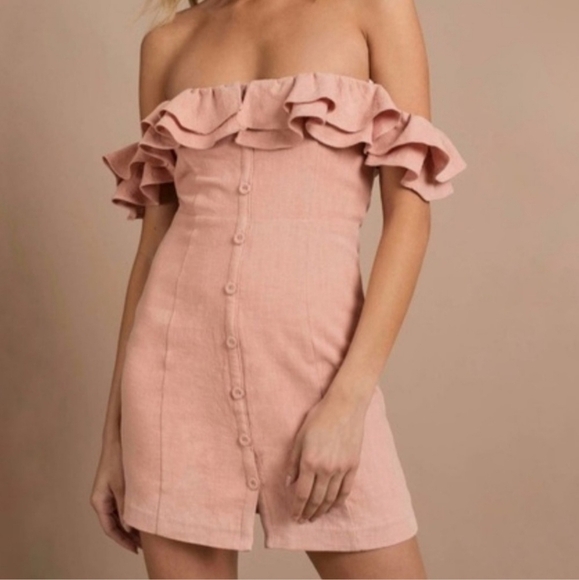 Saylor Janie Off The Shoulder Peach Linen Mini Dress SIZE SMALL - Picture 2 of 8